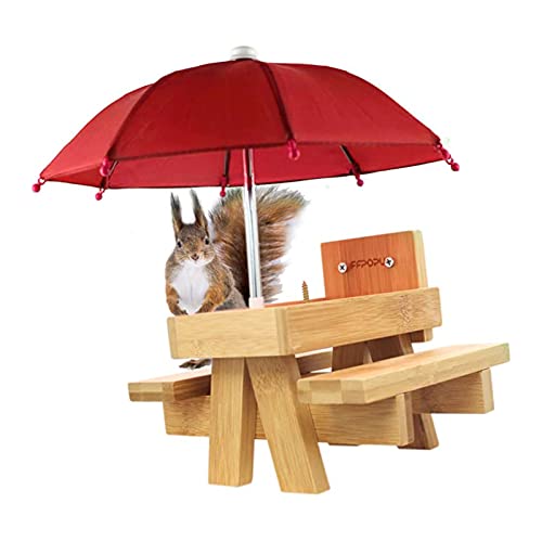DERCLIVE Comedero de ardilla de madera al aire libre divertido mesa de alimentación de ardillas con paraguas para jardín y jardín, jardín, color rojo