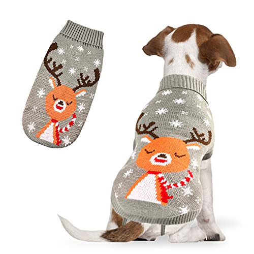 Dereine Jersey de Navidad para Mascotas,Suéter Navidad Mascotas,Jersey de Navidad Perro,Disfraz de Gato para Perro con Patrón de Reno,Invierno,Suéter para Perros Pequeños,Gato (Gris, Small)
