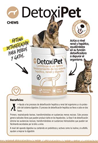 DETOXIPET (Detoxificación Hepática y Renal. Protección Gastrointestinal para perros y gatos.) (Silybum marianum, Raíz de Rehmanniae glutinosae, D-manosa, N-acetilcisteína, Inulina) 60 CHEWS
