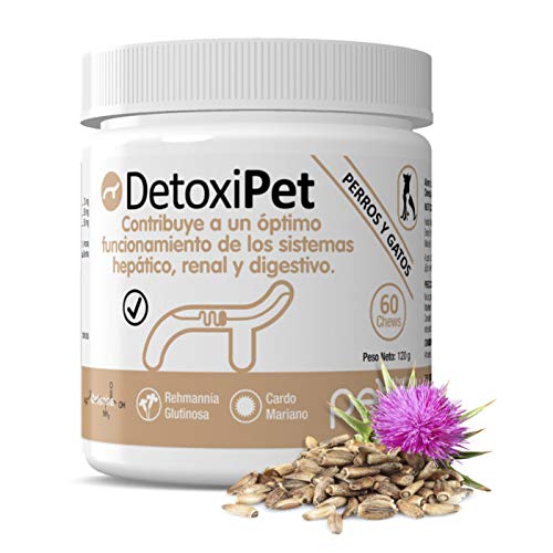DETOXIPET (Detoxificación Hepática y Renal. Protección Gastrointestinal para perros y gatos.) (Silybum marianum, Raíz de Rehmanniae glutinosae, D-manosa, N-acetilcisteína, Inulina) 60 CHEWS