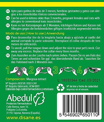 DISANE Collar Antiparasitario para Gatos 100% Natural | 3 Meses de Protección Contra Insectos y Parásitos: Repelente de Pulgas, Garrapatas y Mosquitos | Collar Antipulgas Gato Adulto y Cachorro