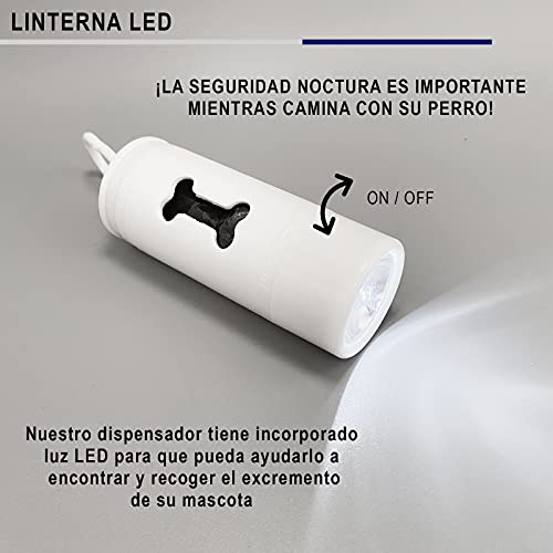 Dispensador bolsas caca perro con luz led incorporada. Incluye 90 bolsas extra para recoger excrementos. Porta bolsas caca perro ideal para pasear por la noche. Accesorios mascotas. (Blanco)