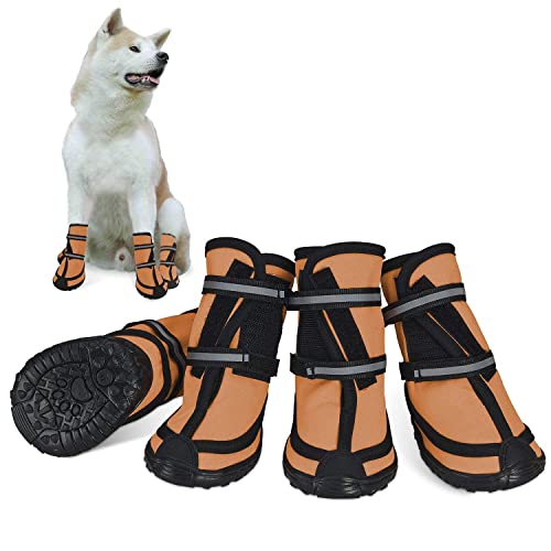 Dociote Zapatos para Perros, 4Pcs Antideslizante Botas con Correas Resistente, Impermeables Protectores de Patas para Perros Medianos y Grandes Naranja M
