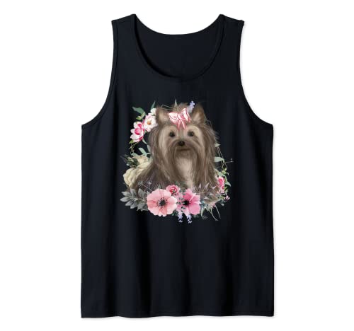Dog Design Yorkie ilustrado floral Camiseta sin Mangas