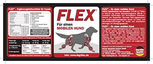 Dog-Flex Alimento adicional para perros, articulaciones y tendones, articulaciones fuertes, 150 tabletas articulares, suplemento alimenticio para el perro.