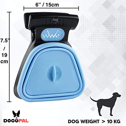 DOGOPAL Recogedor de Caca para Perros y Gatos con Dispensador de Bolsas para los Excrementos - Pala Portátil Fácil de Llevar & Incluye 6 Rollos de Bolsas & Todos los Tamaños de Mascota (L, Azul)