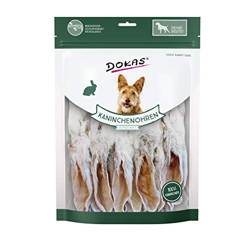 DOKAS Orejas de conejo con pelo – Snack natural premium sin cereales para perros 100% conejo – Largo para perros grandes – 1 x 180 g
