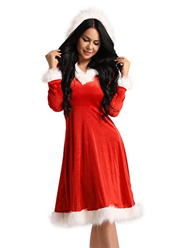 dPois Disfraz Miss Santa Navidad Vestido con Capucha Cosplay Traje de Terciopelo para Mujer Chica Atractiva Sra. Mamá Noel Ropa de Fiesta Navidad Carnaval Vestido Lujo Rojo Medium