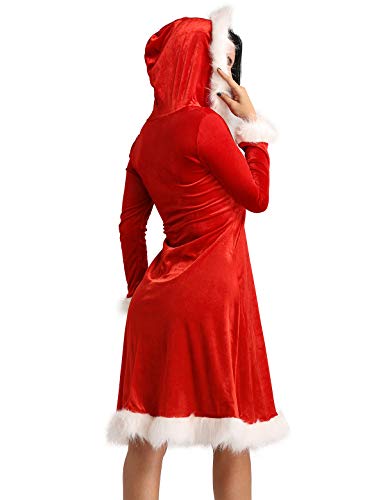 dPois Disfraz Miss Santa Navidad Vestido con Capucha Cosplay Traje de Terciopelo para Mujer Chica Atractiva Sra. Mamá Noel Ropa de Fiesta Navidad Carnaval Vestido Lujo Rojo Medium