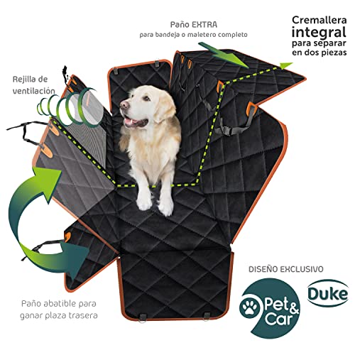 Duke Funda Perro Coche | Protector Universal Impermeable de Mascotas para Asiento Trasero y Maletero de Coche | Cubierta Asiento Acabado Premium Acolchada con Rejilla para Pasar el Aire