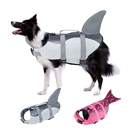 EMUST Chaleco salvavidas para perro tiburón, Ripstop perro salvavidas chalecos con mango de rescate para perros pequeños, medianos y grandes, protección de traje de baño para piscina, playa, barco