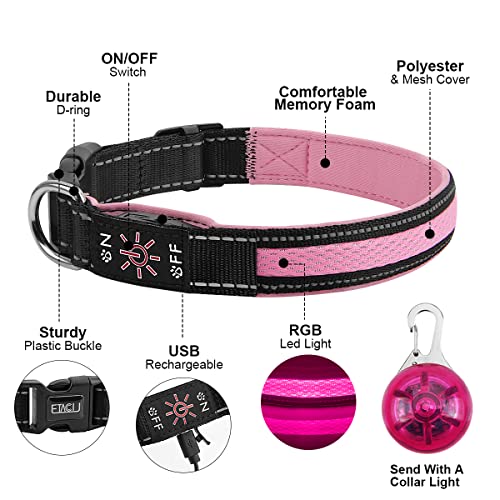 ETACCU Collar de Perro LED, Collar de Perros Ajustable con 3 Modos y 7 Colores, Collar Luminoso Impermeable Recargable por USB, Collares Básicos para Mascotas (Pequeño (30-45cm), Rosa)