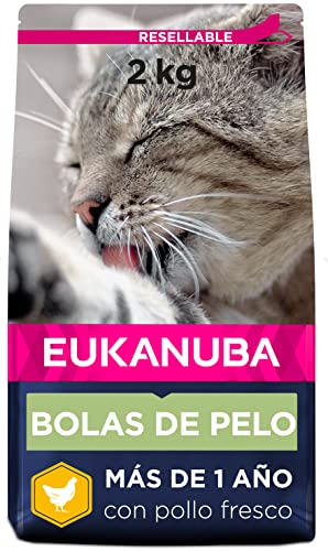 Eukanuba Hairball Control Alimento seco para gatos adultos y gatos de edad avanzada, rica en pollo fresco, 2 kg