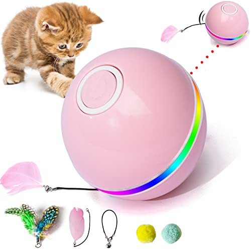 Fairwin Juguetes para Gatos Pelotas, Bolas de Gato Juguete interactivas para Gatos con Luces LED y Juguetes con Hierba Gatera para Gatos de Interior, Rotación Automática de 360 ​​Grados y Carga USB