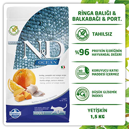 Farmina N&D Ocean - Calabaza de arenque y alimento seco para gatos de naranja 3.3 libras