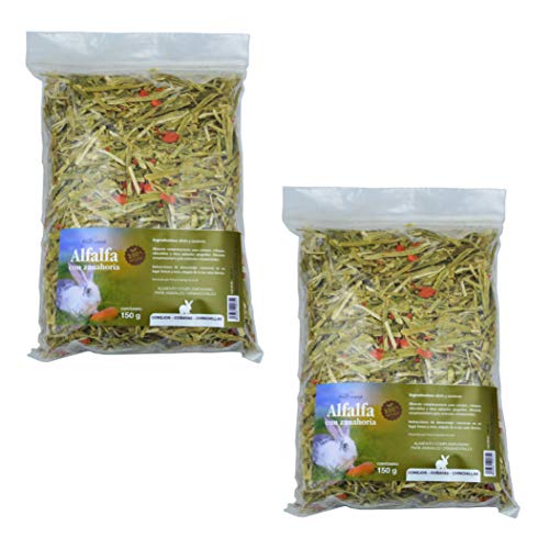 FINCA CASAREJO Alfalfa con Zanahoria - Bolsa de heno 150g - Alimento complementario 100% Natural para Conejos, cobayas y Chinchillas (2 Unidades)
