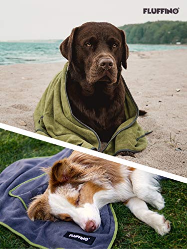 FLUFFINO® Toalla para perros - Absorbente, suave y lavable (paquete de 2, 120x70 cm, gris y verde, lavable a 60°C) - toalla de microfibra de secado rápido para perros pequeños y grandes.