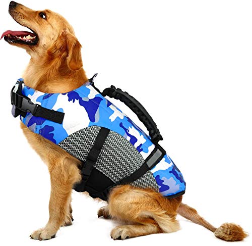 FR&RF Chaleco salvavidas para perros con chaleco de seguridad ajustable para traje de baño reflectante con mango de rescate para nadar y navegar en barco pequeño, mediano, grande, azul, XL