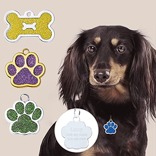 FUSIYU Placa Chapa Medalla, Etiquetas de Identificación de Mascotas Etiquetas de Perro Personalizada Grabado para Collar Perro Gato Mascota Grabada Brillantitos Aleación de Zinc, Pata Plata,Azul