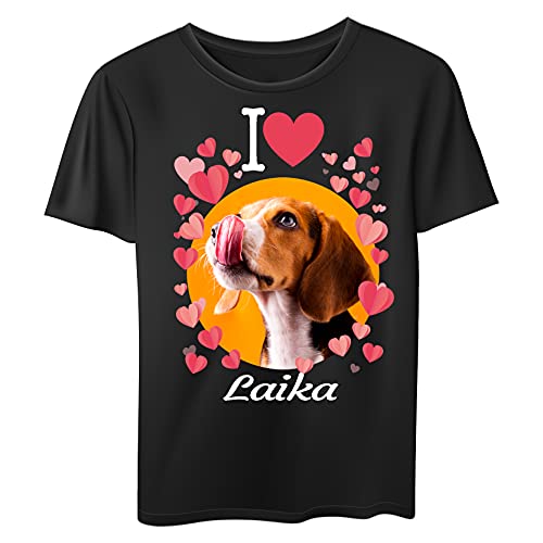 Generico Camiseta personalizada con la foto de tu perro y su nombre Negro X-Small