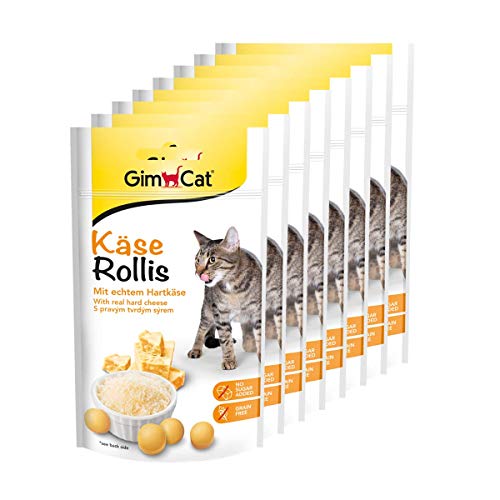 GimCat Rollis, comprimidos de queso - Snack para gatos rico en vitaminas con auténtico queso duro - Sin azúcar añadido y sin cereales - Pack de 8 unidades (8 x 40 g)
