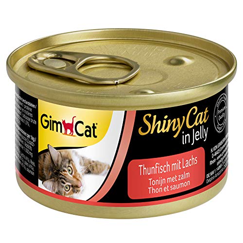 GimCat ShinyCat in Jelly, atún con salmón - Alimento húmedo para gatos, con pescado y taurina - 24 latas (24 x 70 g)