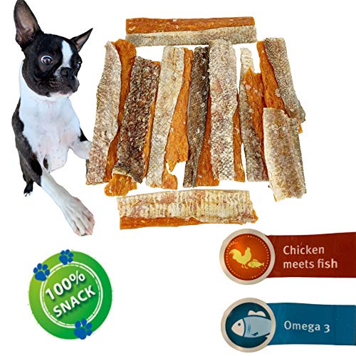 Golosinas para perros, Snacks para Perros Naturales Dentales Masticable con Pollo y Piel de Bacalao Seco, Sabrosos, bajos en grasas y con alto contenido en proteínas, Ricos en OMEGA -3, 100G.