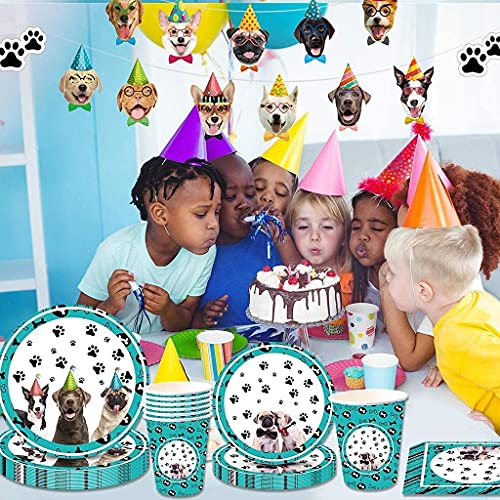 GOOODBUY Partybloom 34 suministros para fiestas de perros, vajilla desechable para perros con platos de perro tazas y servilletas para 8 para decoración de fiestas temáticas de cumpleaños para perros