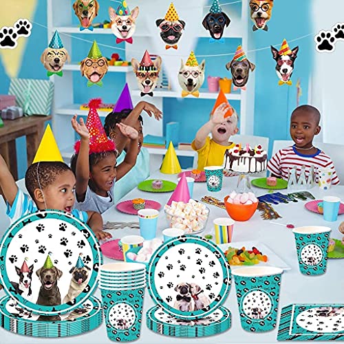 GOOODBUY Partybloom 34 suministros para fiestas de perros, vajilla desechable para perros con platos de perro tazas y servilletas para 8 para decoración de fiestas temáticas de cumpleaños para perros