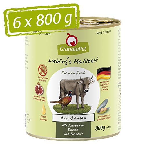 GranataPet Liebling's Comida Vacuna y faisán, Comida húmeda para Perros, Comida para Perros sin Cereales y sin aditivos de azúcar, alimento Completo, 6 x 800 g