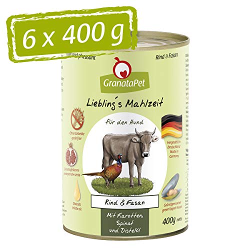 GranataPet Liebling's Comida Vacuna y faisán, Comida húmeda para Perros, Comida para Perros sin Cereales y sin aditivos de azúcar, alimento Completo, 6 x 400 g