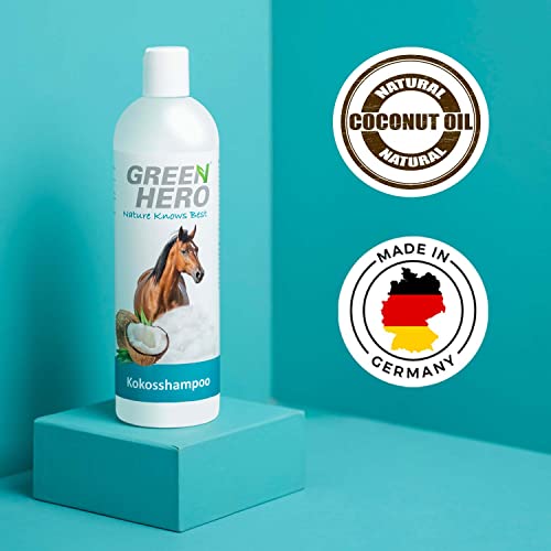 Green Hero Champú de coco para caballos, cola y crin – 500 ml champú para caballos con aceite de coco natural – Champú para todos los tipos de pelaje – sin siliconas, parabenos y microplásticos