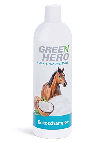 Green Hero Champú de coco para caballos, cola y crin – 500 ml champú para caballos con aceite de coco natural – Champú para todos los tipos de pelaje – sin siliconas, parabenos y microplásticos