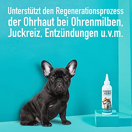 Green Hero Limpiador Oídos Perros – Gotas para los Oídos Perros – Cuidado de Oídos para Mascotas Contribuye a Disminuir el Picor, Ácaros y Más – 1 x 200 ml