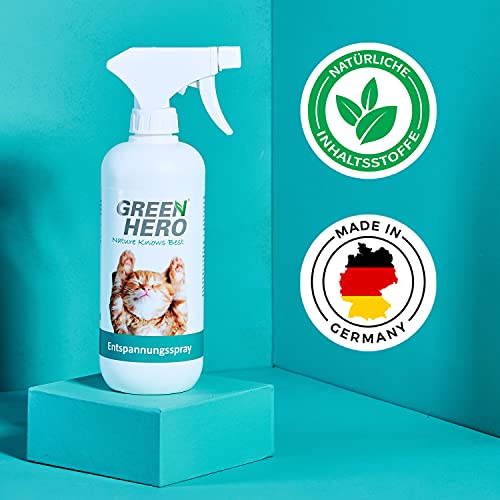 Green Hero Spray Calmante Gatos 500ml – Antiestrés Gatos Spray Contiene Fragancias Calmantes como Valeriana, La-vanda y Hierba Gatera Natural – Bienestar, Relajación y Antiestrés para Gatos
