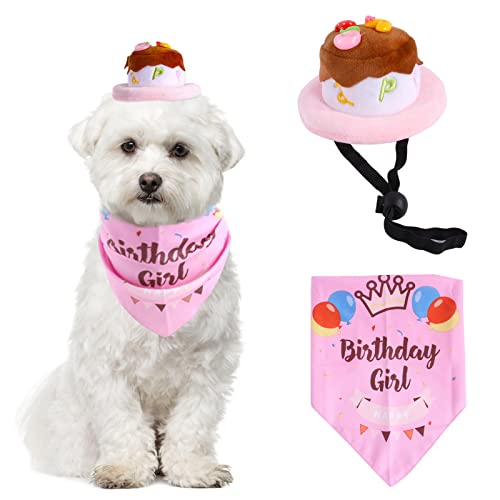 HACRAHO Juego de Sombrero Y Bandana de Cumpleaños para Perros, 2 PCS Pañuelo de Cumpleaños para Mascotas Y Sombrero de Pastel Bufanda de Pañuelo para Perros de Feliz Cumpleaños, Rosa