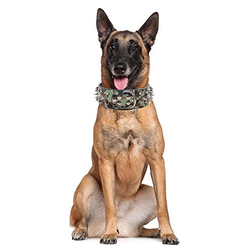 haoyueer Collar de perro con tachuelas afiladas de 5 cm de ancho, elegantes collares de piel para perros medianos y grandes Pitbull, labrador, boxeador Rottweiler pastor alemán... (XL, camuflaje)