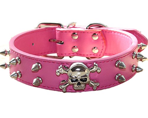 haoyueer Collar de perro de cuero con tachuelas de 2 filas de remaches de bala de cuero sintético – Cool Skull Accesorios para mascotas para perros medianos y grandes … (M, rosa caliente)