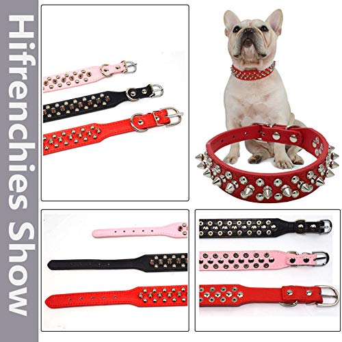 Hifrenchies Collar de piel de microfibra ajustable con remaches, para perros franceses, bulldog, para perros pequeños, medianos y grandes (L,rojo)