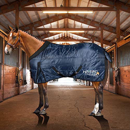 Horses, Manta de Invierno para Caballo Thermo 350g, Acolchada, Suave y Cómoda, con Cuello Redondo y Cobertor de Cola Anti-Rizado, Azul, 155 cm