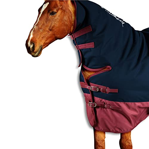 Horses, Manta de Paddock para Caballo Turnout Full Neck 400 g, Impermeable, con Cuello, Resistente, con Cinchuelos Cruzados, Azul/Granate, 155 cm