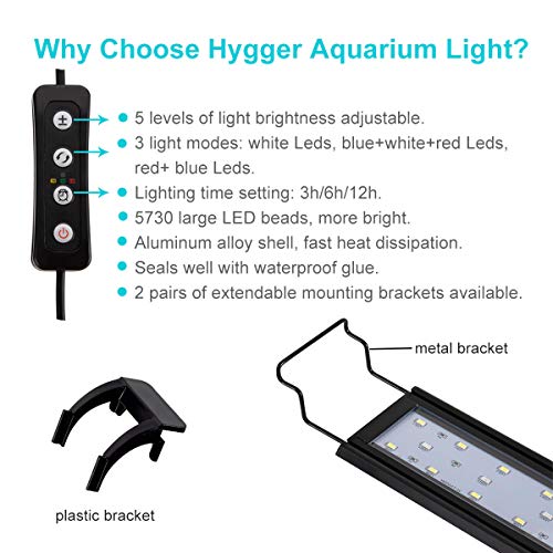 hygger Regulable Lampara LED Acuario con Temporizador, Luz LED con Soporte Ajustable(14W, 41-61cm)