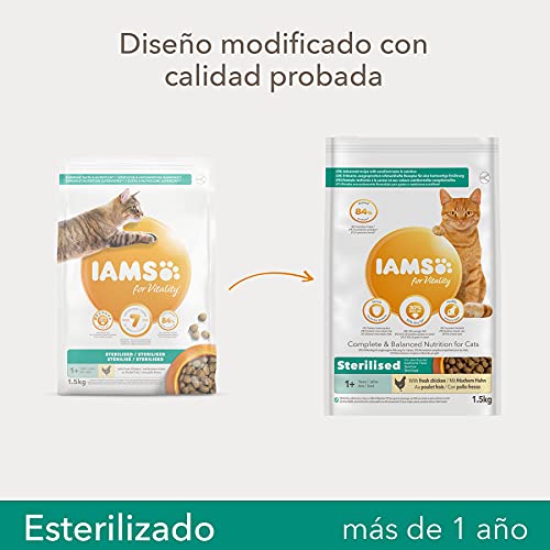 IAMS for Vitality Esterilizado - Alimento seco para gatos adultos y de edad avanzada (más de 1 año) con pollo fresco, 1,5 kg