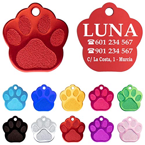 Iberiagifts - Placa en Forma de Huella para Mascotas Medianas-Grandes Chapa Medalla de identificación Personalizada para Collar Perro Gato Mascota grabada (Rojo)