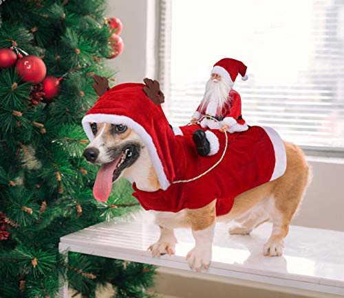 Idepet Trajes para Perros Navidad, Disfraz de Gato Navidad con Papá Noel Montado en Mascota Gato Perro Abrigo Rojo