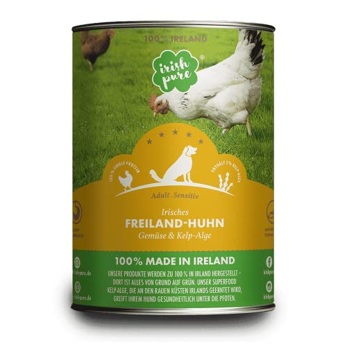 Irish Pure 12 latas de comida húmeda, comida húmeda para perros, pollo irlandés al aire libre, verduras y algas celp (12 latas de 390 g)