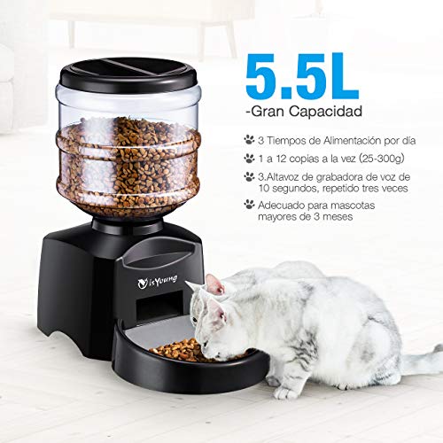 isYoung Comedero Automático 5.5 L de Alimentos para Mascotas Gatos y Perros Alimentador de Mascotas de Control Electrónico con Gran Pantalla LCD y Registro de Voz Temporizador de Comida