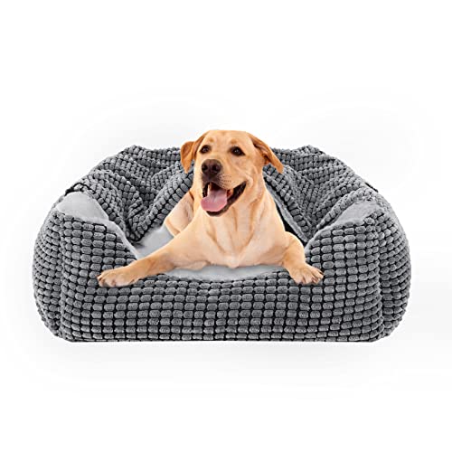 JOEJOY Cama para perros con manta, sofá para perros lavable, rectangular, cama para mascotas, cama antideslizante para perros y gatos, 76 x 61 x 23 cm, se adapta hasta 18 kg de mascotas