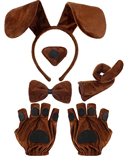 Juego de 5 piezas de disfraz de cachorro de animal de Halloween, incluye diadema de orejas de cachorro, pajarita, cola falsa, guantes de pata de perro, accesorios de disfraz para fiesta de cosplay