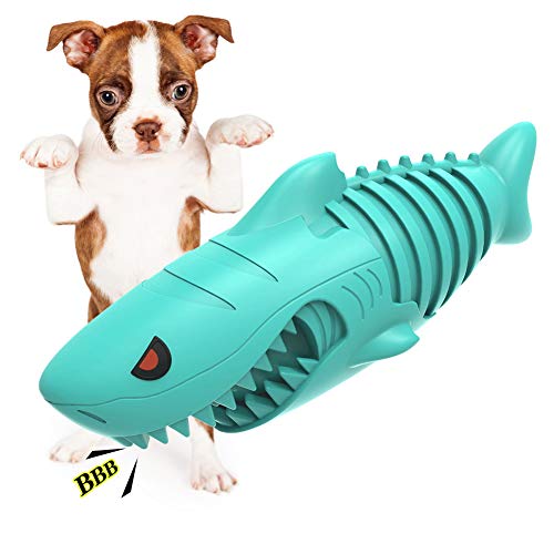 Juguete para cachorros de caucho natural, juguete para masticar para perros (tiburón verde, 6,3 x 17,5 cm) con sonido para perros, juguete indestructible, cuidado dental para perros